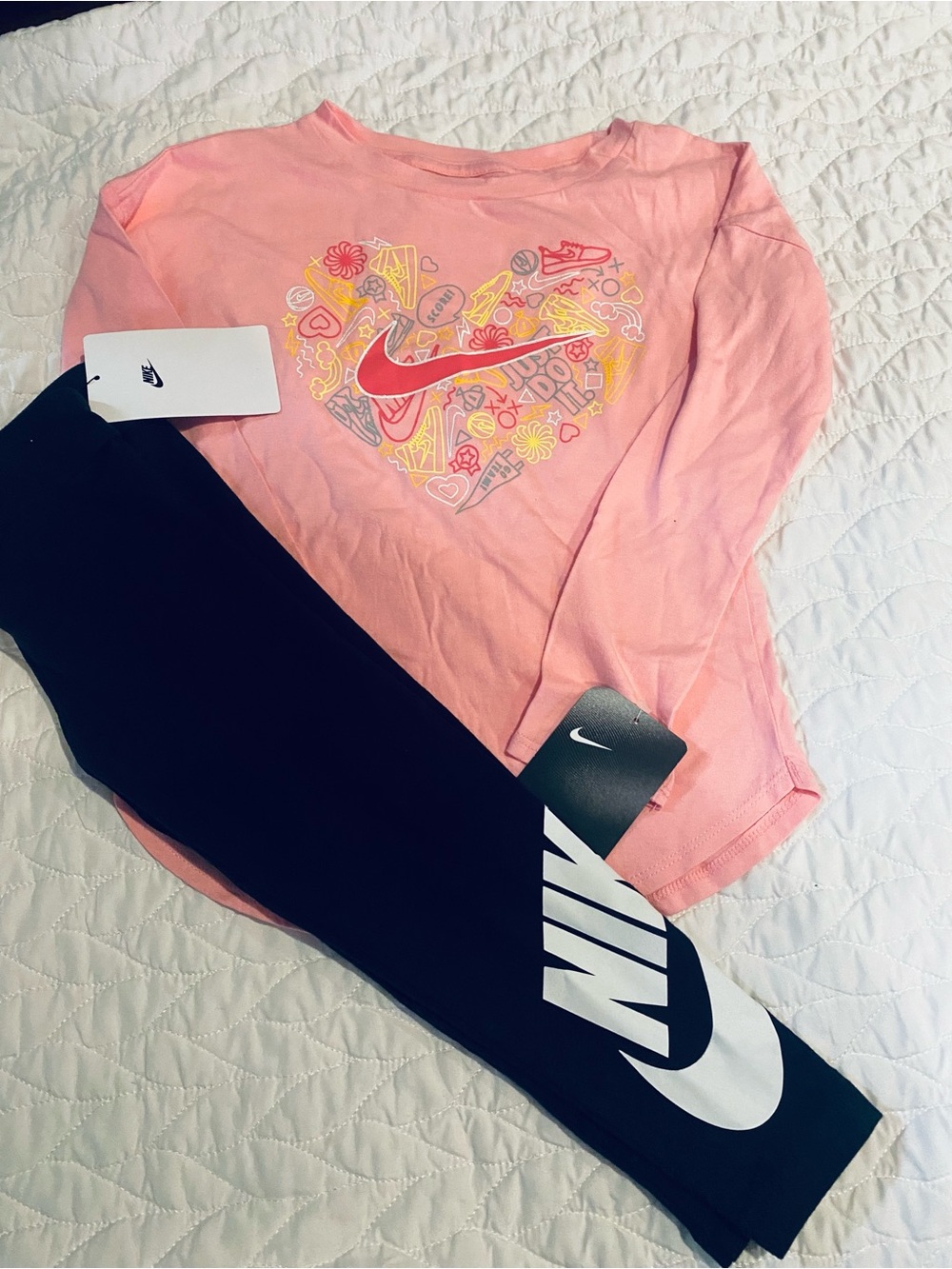 Nike Pink Heart Graphic Long-Sleeve Top with Black Logo Leggings